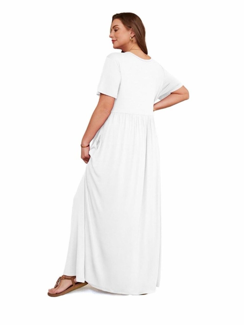 Women's White Maxi Dress Plus Size Short Sleeve Casual Long Dress with Pockets